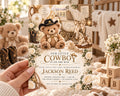 The image is a baby shower invitation featuring a teddy bear and various baby-related items, such as a rocking horse, baby carriage, and baby clothes.