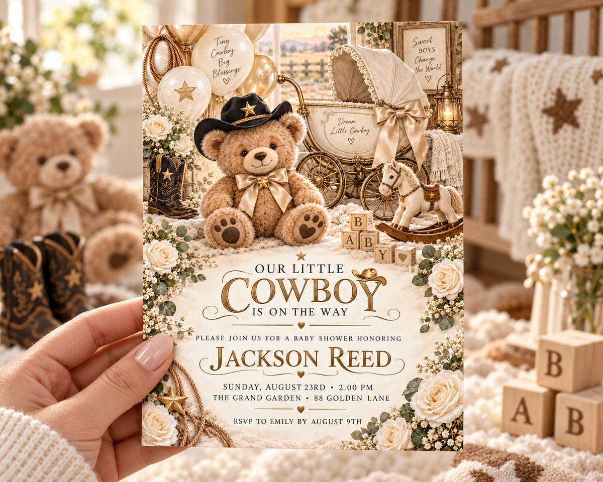 The image is a baby shower invitation featuring a teddy bear and various baby-related items, such as a rocking horse, baby carriage, and baby clothes.