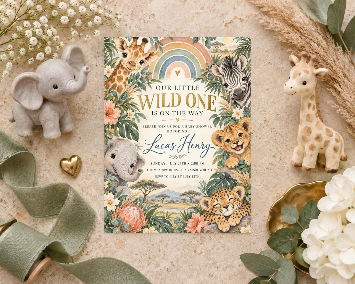 a colorful invitation card with illustrations of various animals, including elephants, giraffes, and lions, surrounded by tropical foliage and flowers. The card is placed on a beige background, and there are small figurines of elephants and giraffes nearby.