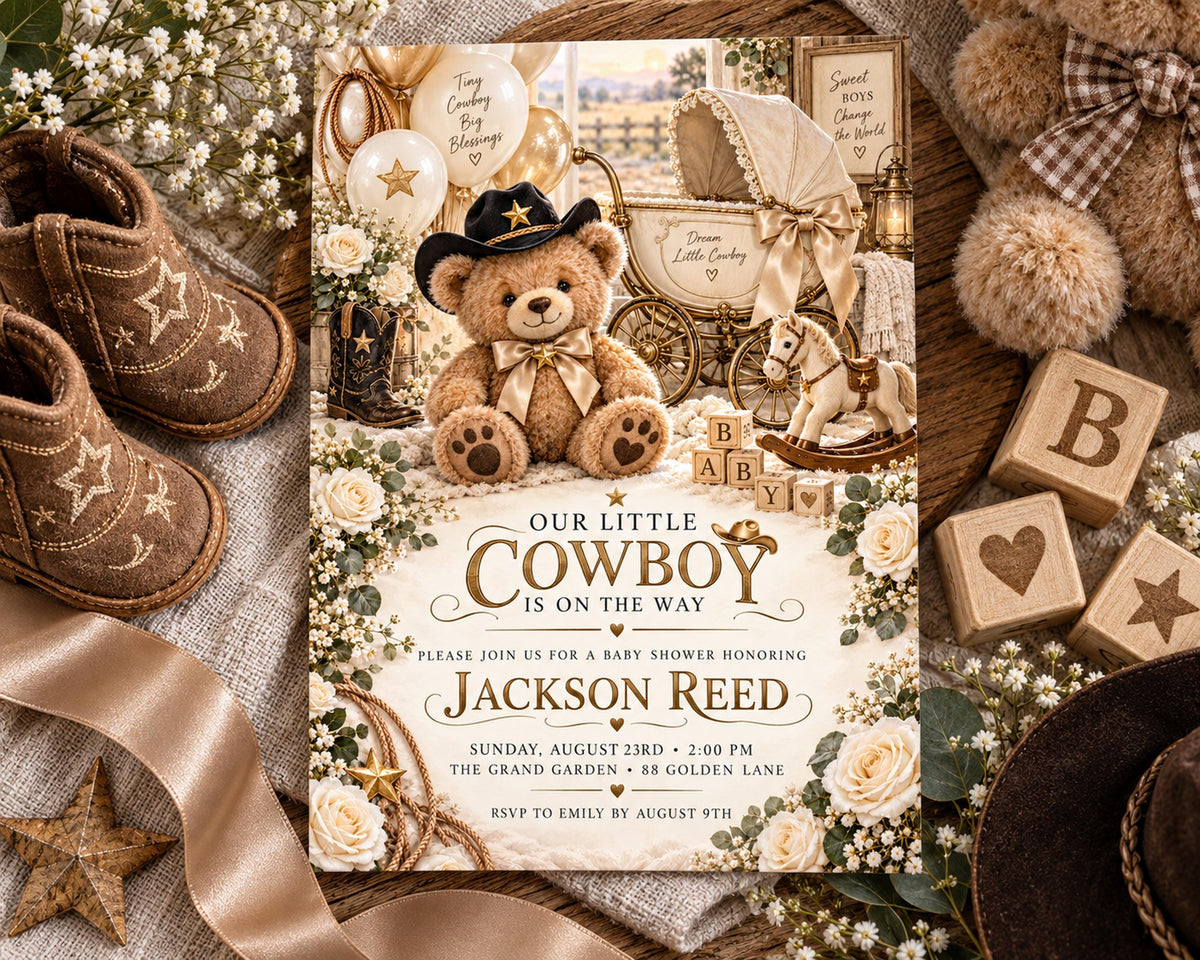 The image is a baby shower invitation featuring a teddy bear, baby carriage, and various baby-related items arranged on a wooden surface.
