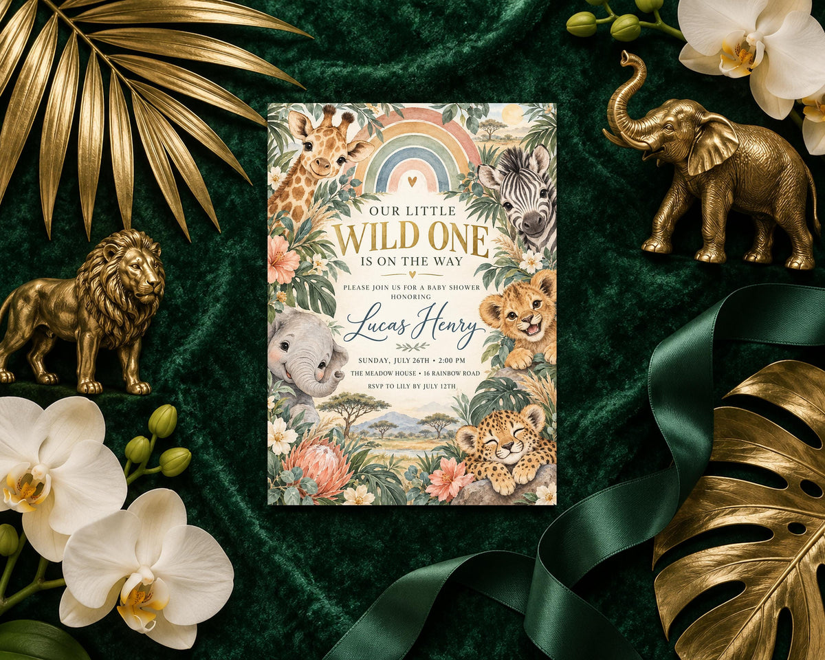 a colorful invitation card with illustrations of various animals, surrounded by decorative elements such as leaves, flowers, and golden figurines.