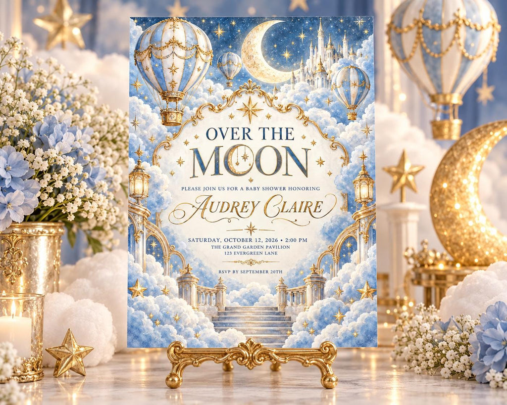 The image is a beautifully designed invitation for a baby shower, featuring a night sky theme with stars, a moon, and hot air balloons. The invitation is placed on a stand and surrounded by decorative elements such as flowers, candles, and a crescent moon.