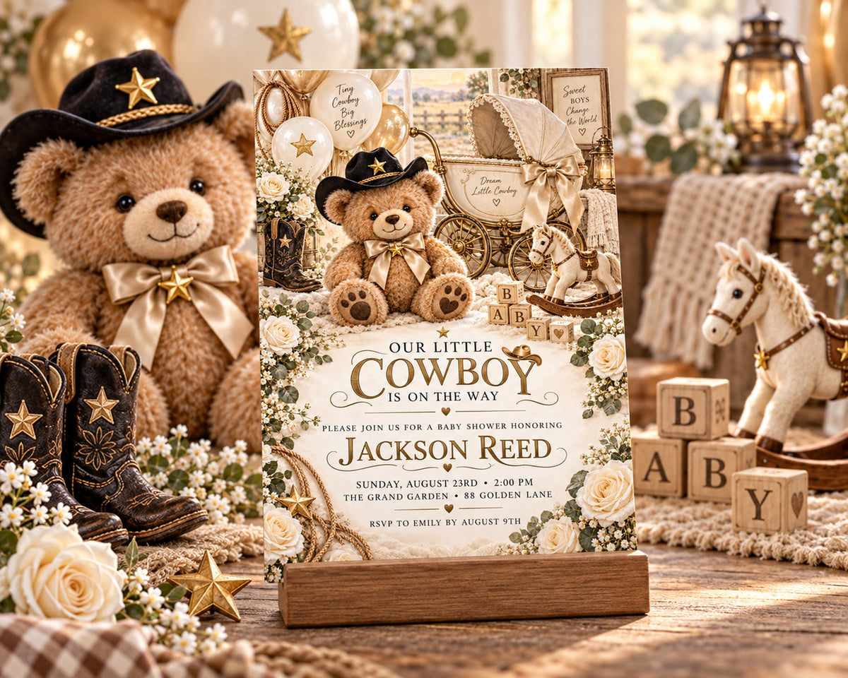 a baby shower invitation for Jackson Reed, with a teddy bear and other baby-themed decorations in the background.
