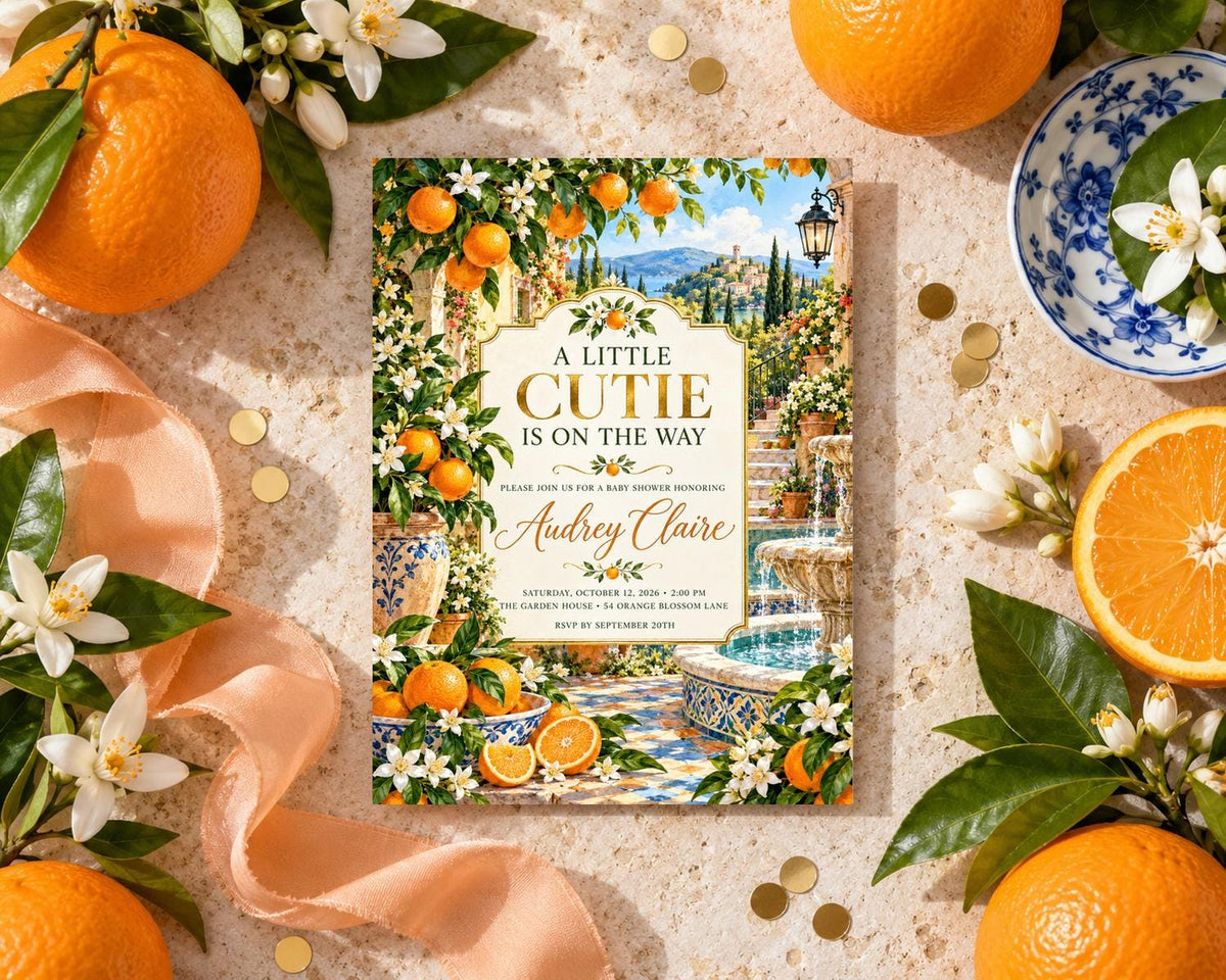 a book titled "A Little Cutie is on the Way" surrounded by oranges, flowers, and a decorative plate.