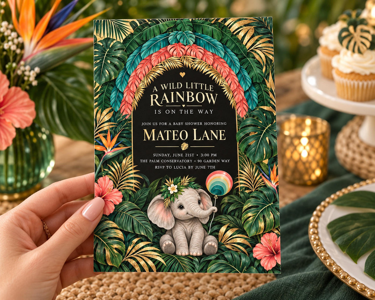 A hand holding a colorful baby shower invitation with a tropical theme, featuring an elephant and lush foliage.