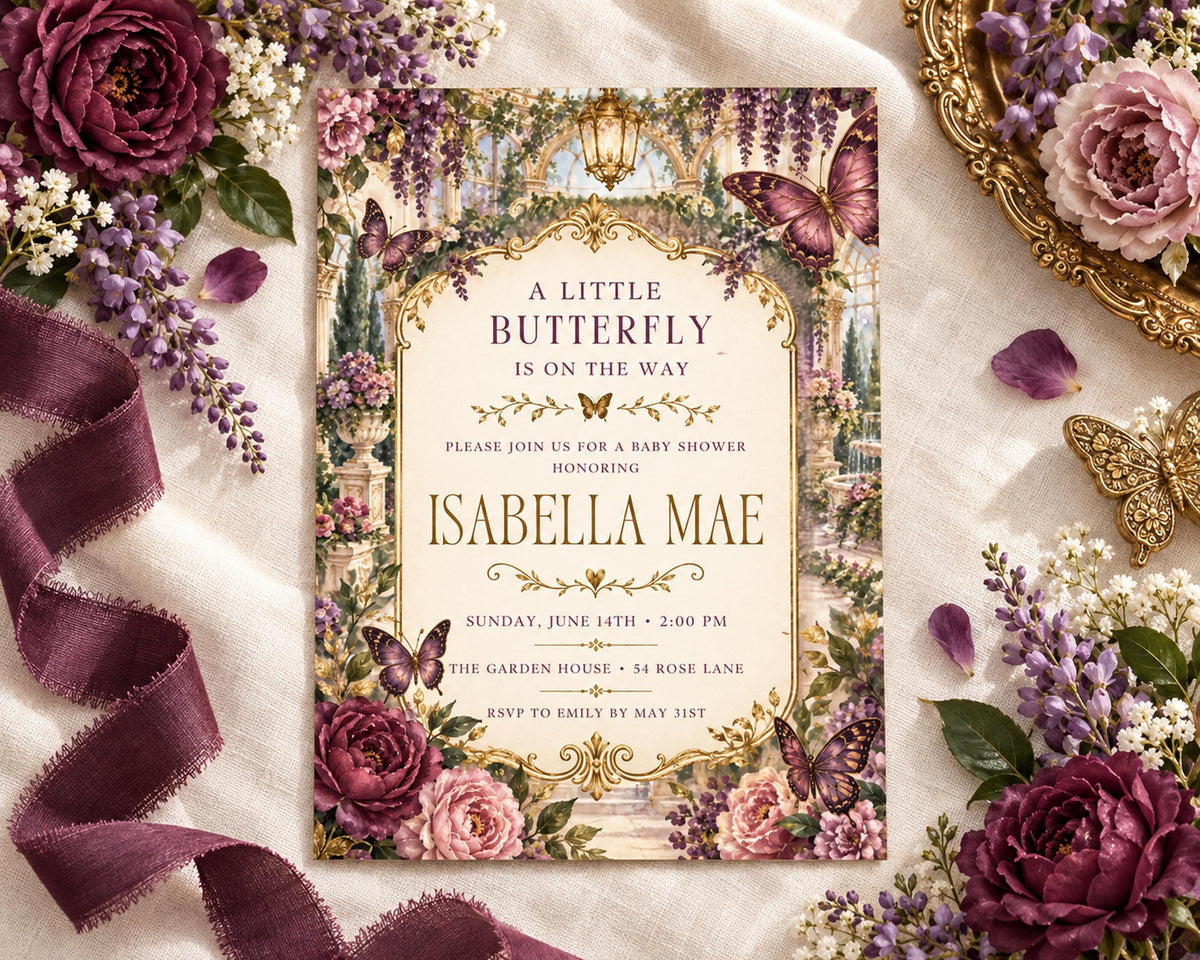 A beautifully designed invitation card for a baby shower, featuring a butterfly theme with purple and pink flowers surrounding it.
