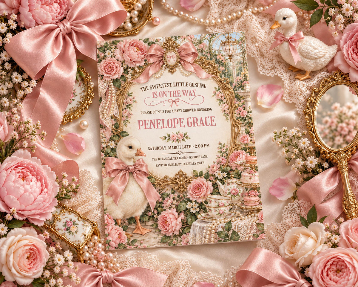 The image is a beautifully decorated invitation card for a baby shower, featuring a pink and white color scheme with floral and lace elements. The card is surrounded by pink flowers, ribbons, and other decorative items, creating a charming and elegant atmosphere.