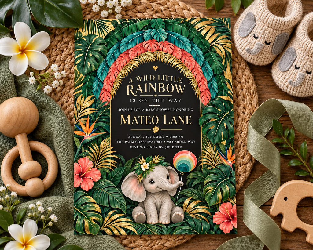 a colorful baby shower invitation with an elephant illustration, surrounded by various baby-related items such as baby booties, a wooden toy, and a woven basket.