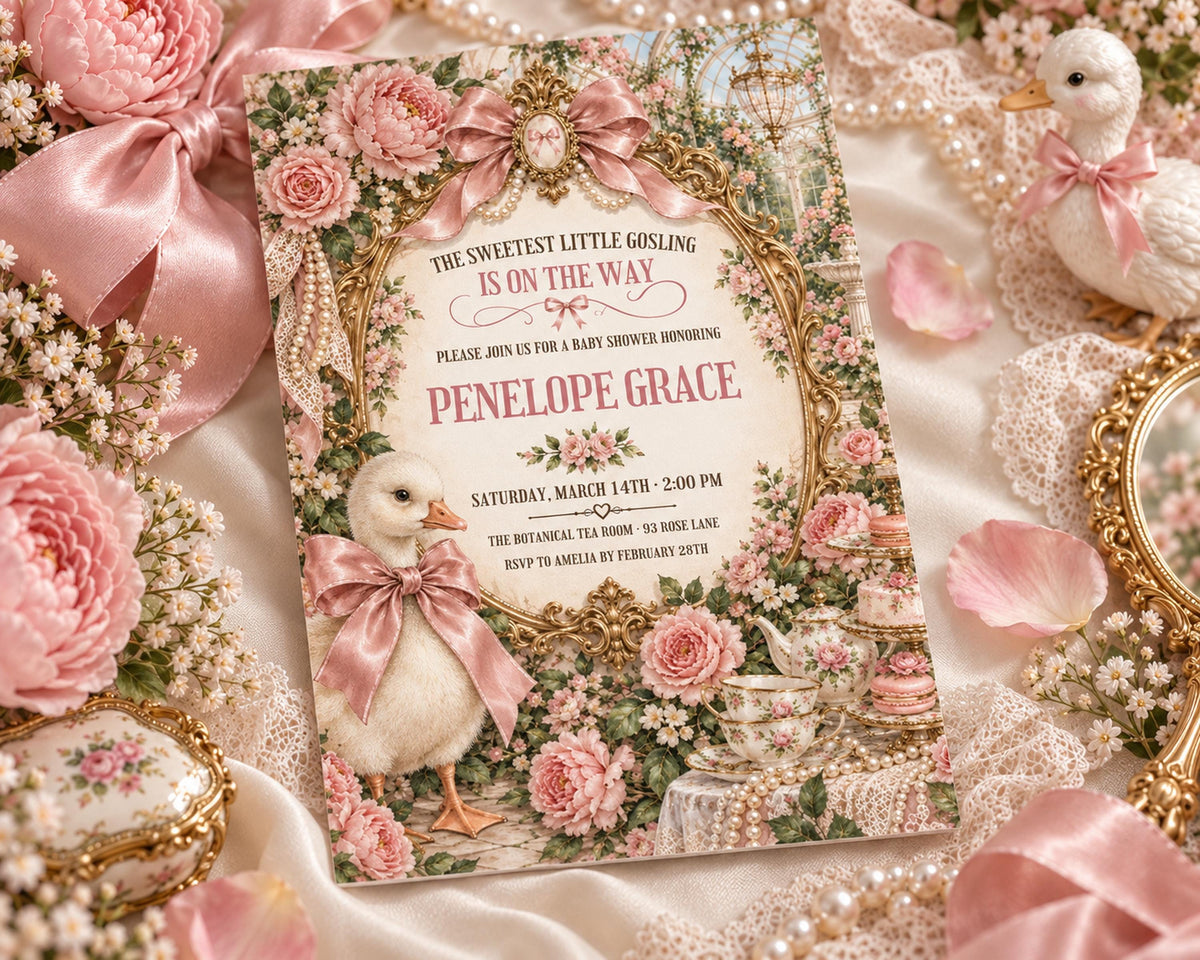 The image is a baby shower invitation featuring a pink and white color scheme with a floral design. The invitation is surrounded by pink flowers, lace, and a small white duck figurine, creating a charming and elegant atmosphere.