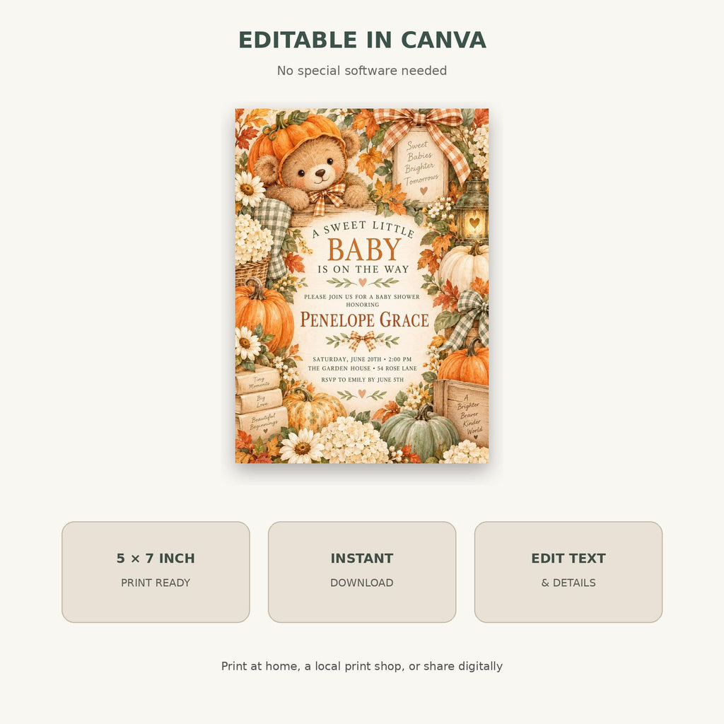 The image is a digital illustration of a baby shower invitation featuring a teddy bear and autumn-themed decorations.