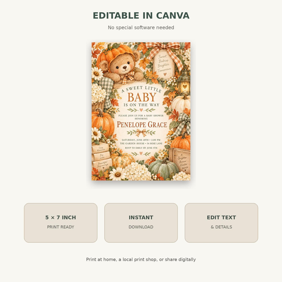 The image is a digital illustration of a baby shower invitation featuring a teddy bear and autumn-themed decorations.