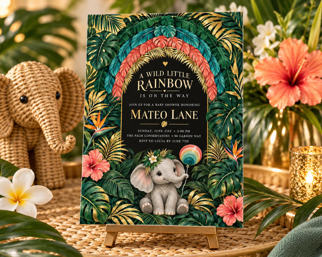 a colorful invitation card with a baby elephant and tropical foliage, placed on a wooden stand.