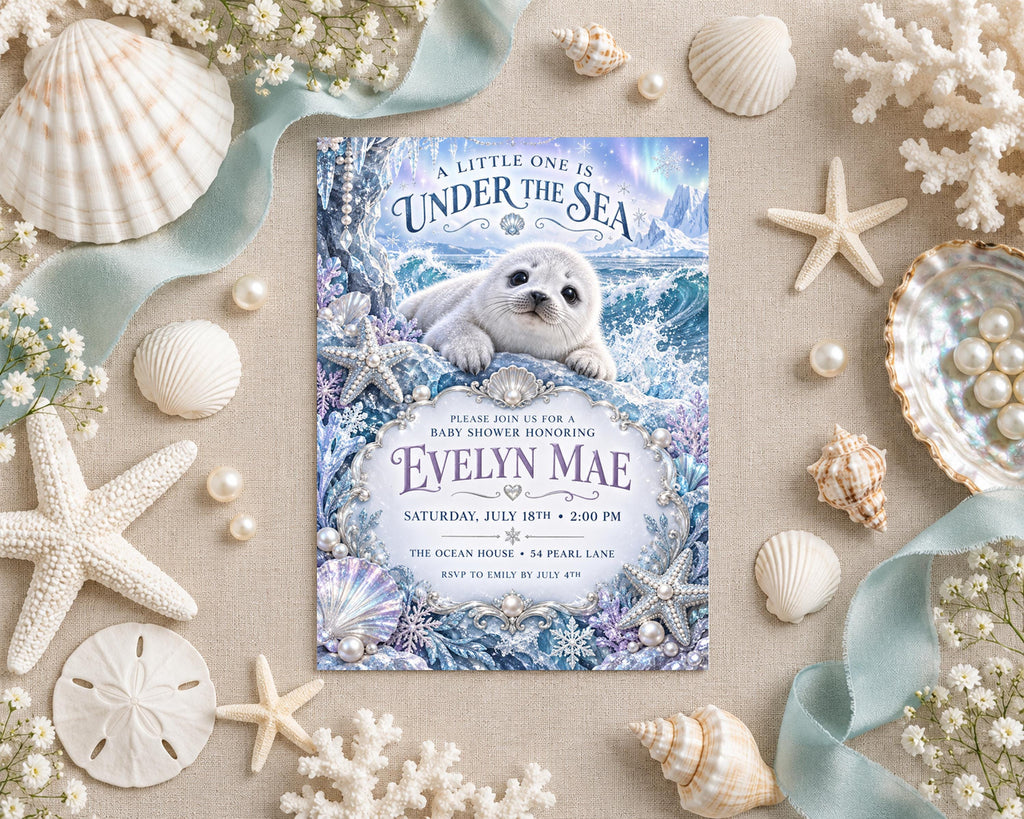 A baby shower invitation featuring a cute seal surrounded by seashells, pearls, and starfish, with a blue and white color scheme.