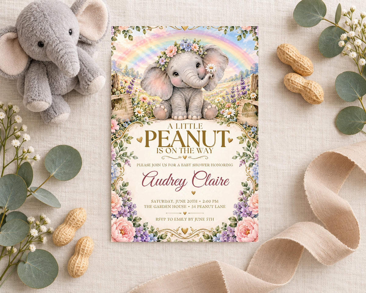A baby shower invitation featuring a cute elephant surrounded by flowers and greenery, with a ribbon and peanuts on the table.