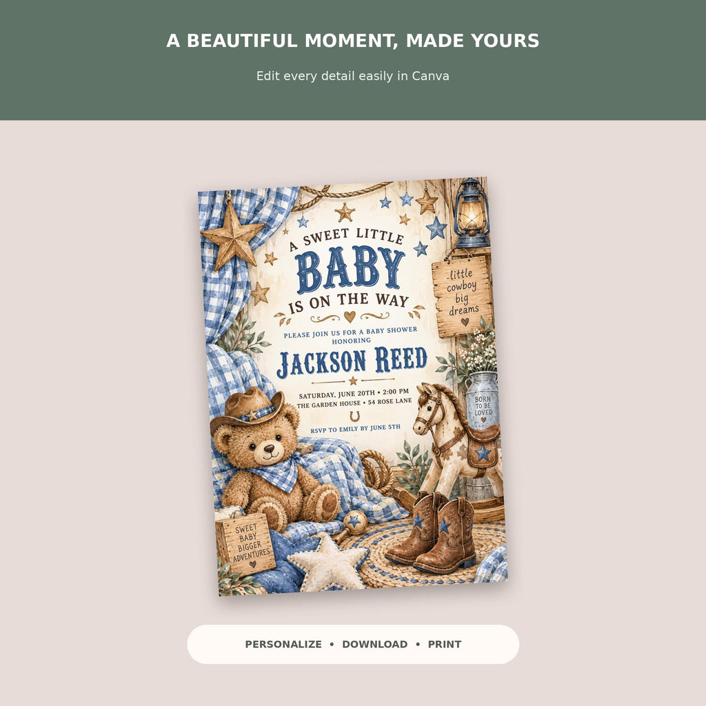 A baby shower invitation featuring a teddy bear, a cowboy hat, and various baby-related items, along with the text "A beautiful moment, made YOURS" and instructions to personalize, download, or print the image.