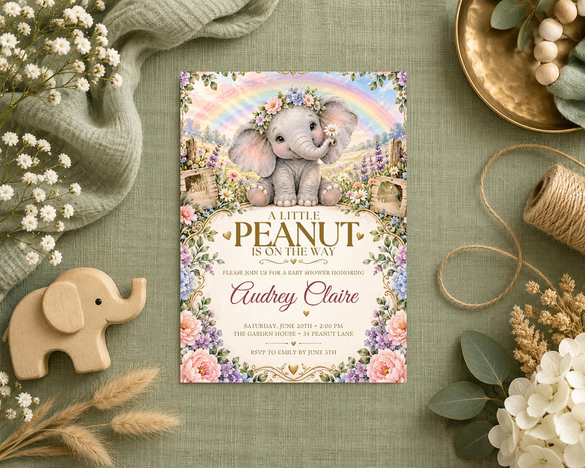 A baby shower invitation featuring an elephant and flowers, surrounded by various decorative items such as a wooden elephant, flowers, and a bowl.