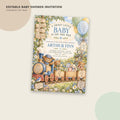 The image is an editable baby shower invitation featuring a train with teddy bears, flowers, and a blue balloon.