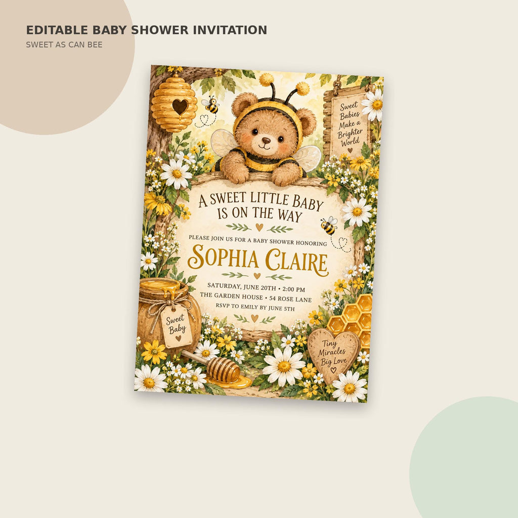 The image is an editable baby shower invitation featuring a teddy bear wearing a bee costume, surrounded by flowers and honeycombs, with a honeycomb-themed design.