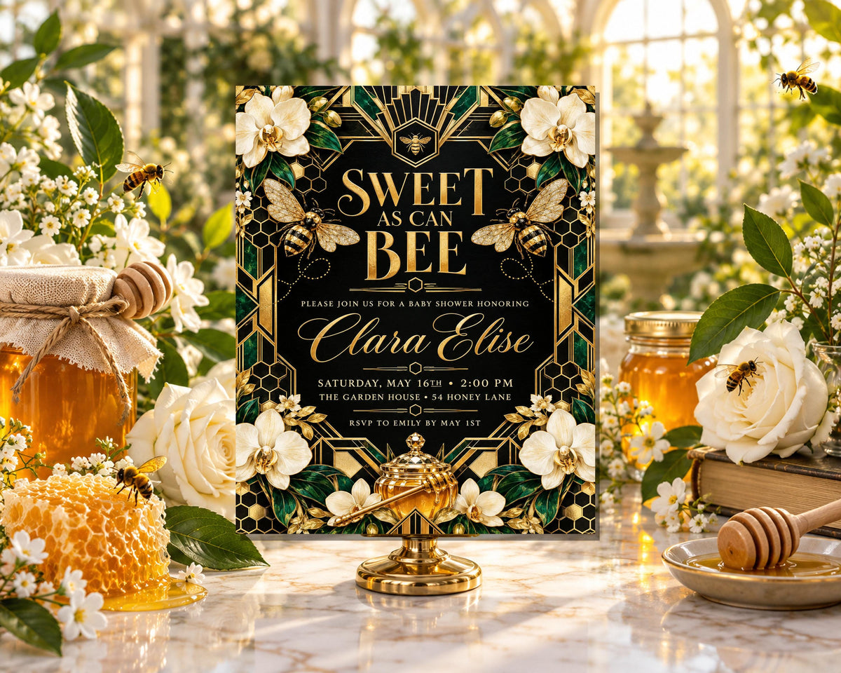 a black and gold invitation card with a floral design, surrounded by honey jars, flowers, and a honeycomb.