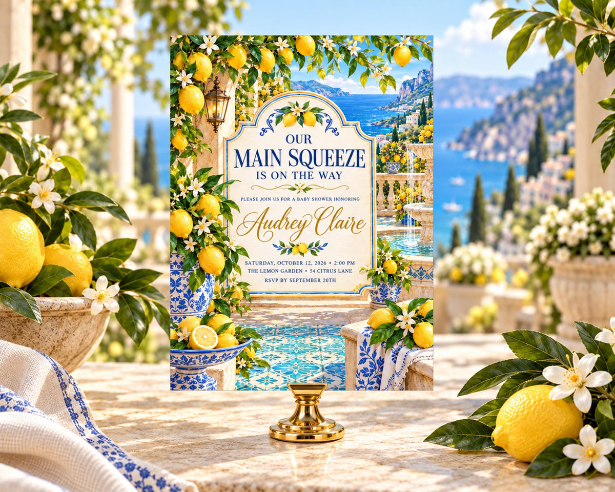 The image is a wedding invitation featuring a scenic background with a lemon tree and a blue and white tile pattern. The text on the invitation reads "OUR MAIN SQUEEZE IS ON THE WAY" and includes details about the event, such as the date, time, location, and guest list.