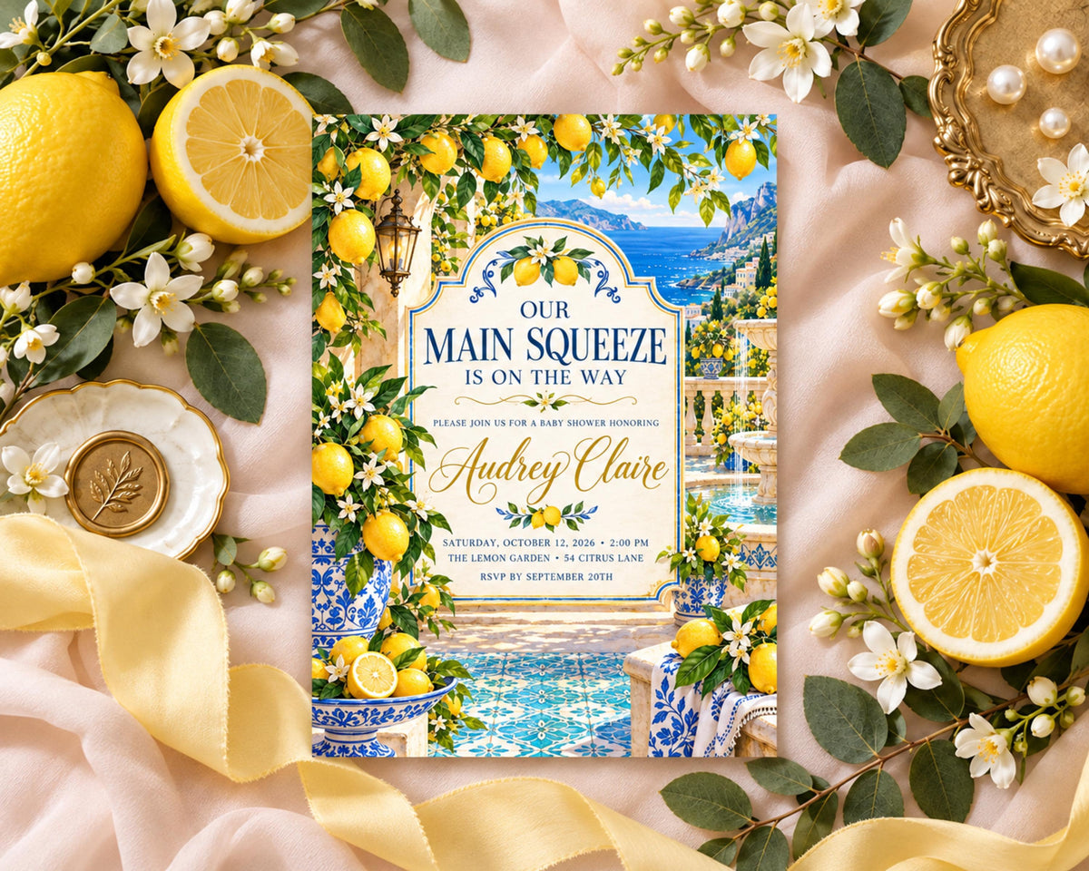 a wedding invitation with a lemon and flower theme, surrounded by various fruits and flowers.