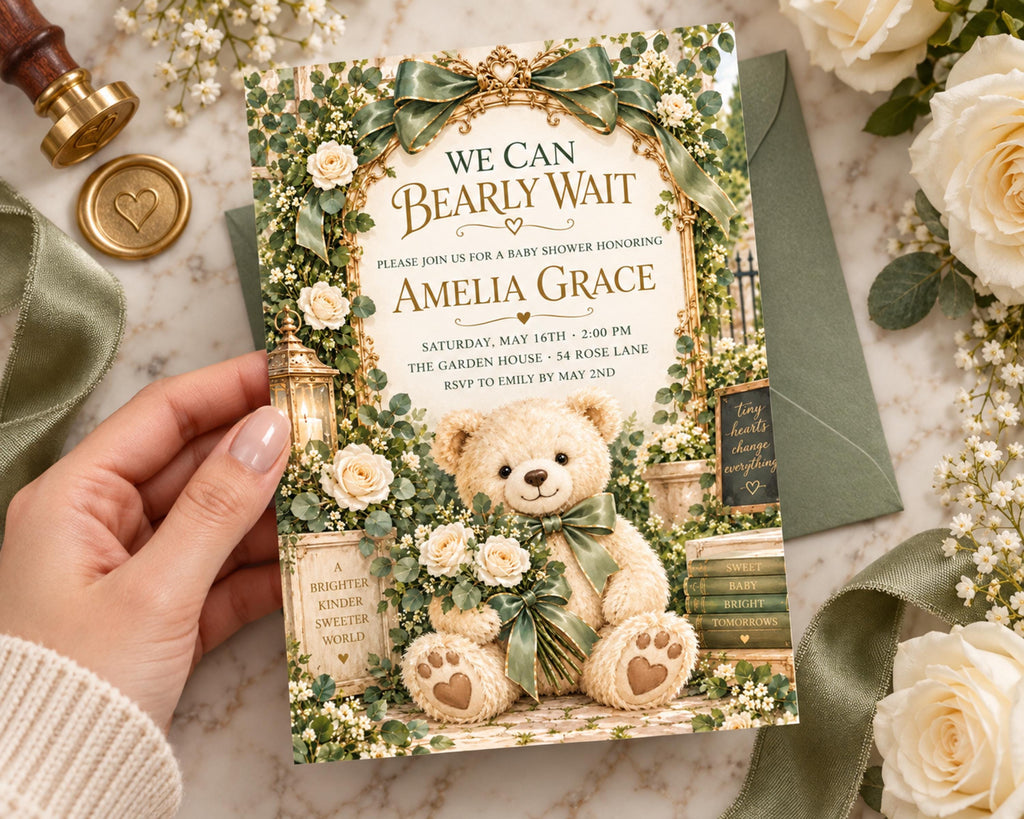 A hand holding a baby shower invitation with a teddy bear and floral design.