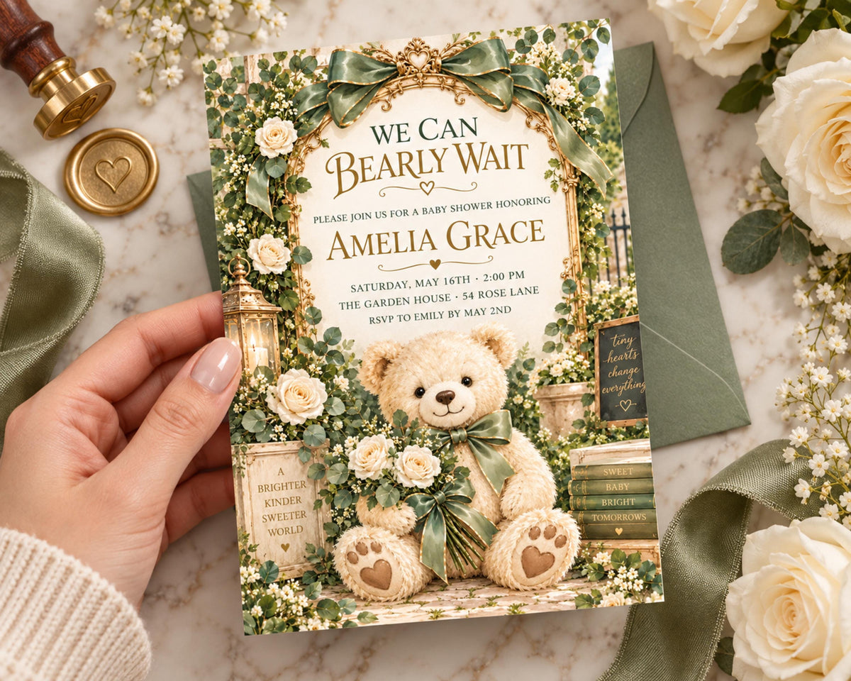 A hand holding a baby shower invitation with a teddy bear and floral design.