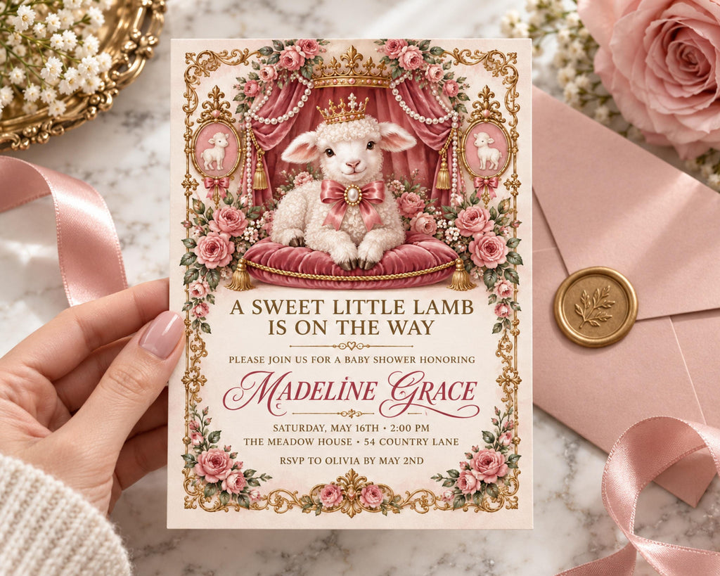A hand holding a pink and gold invitation card with a lamb illustration, surrounded by pink flowers and a pink envelope.