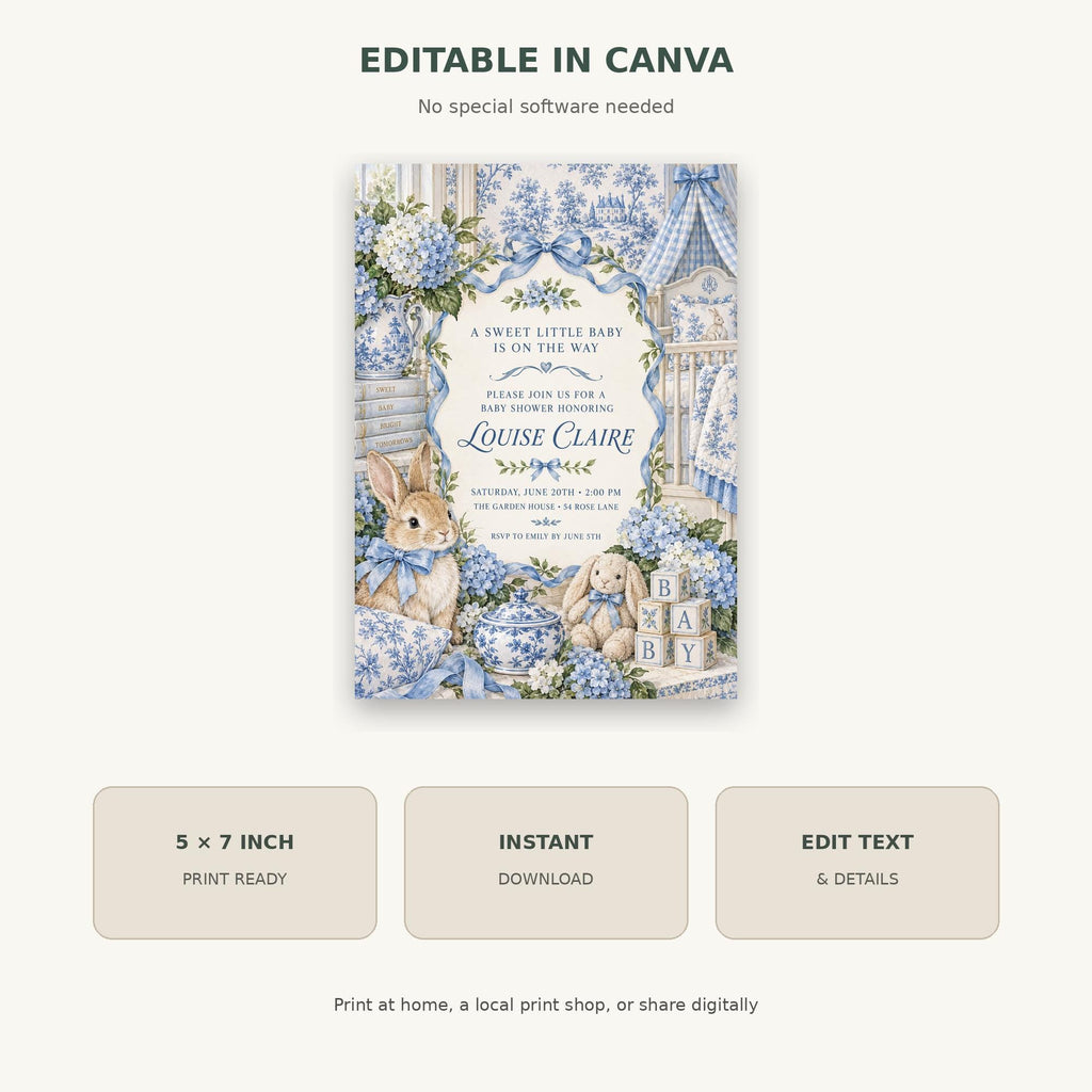 The image is a digital invitation featuring a cute baby rabbit surrounded by blue flowers and baby clothes. The invitation is for a baby shower and includes details about the event, such as the date, time, and location.