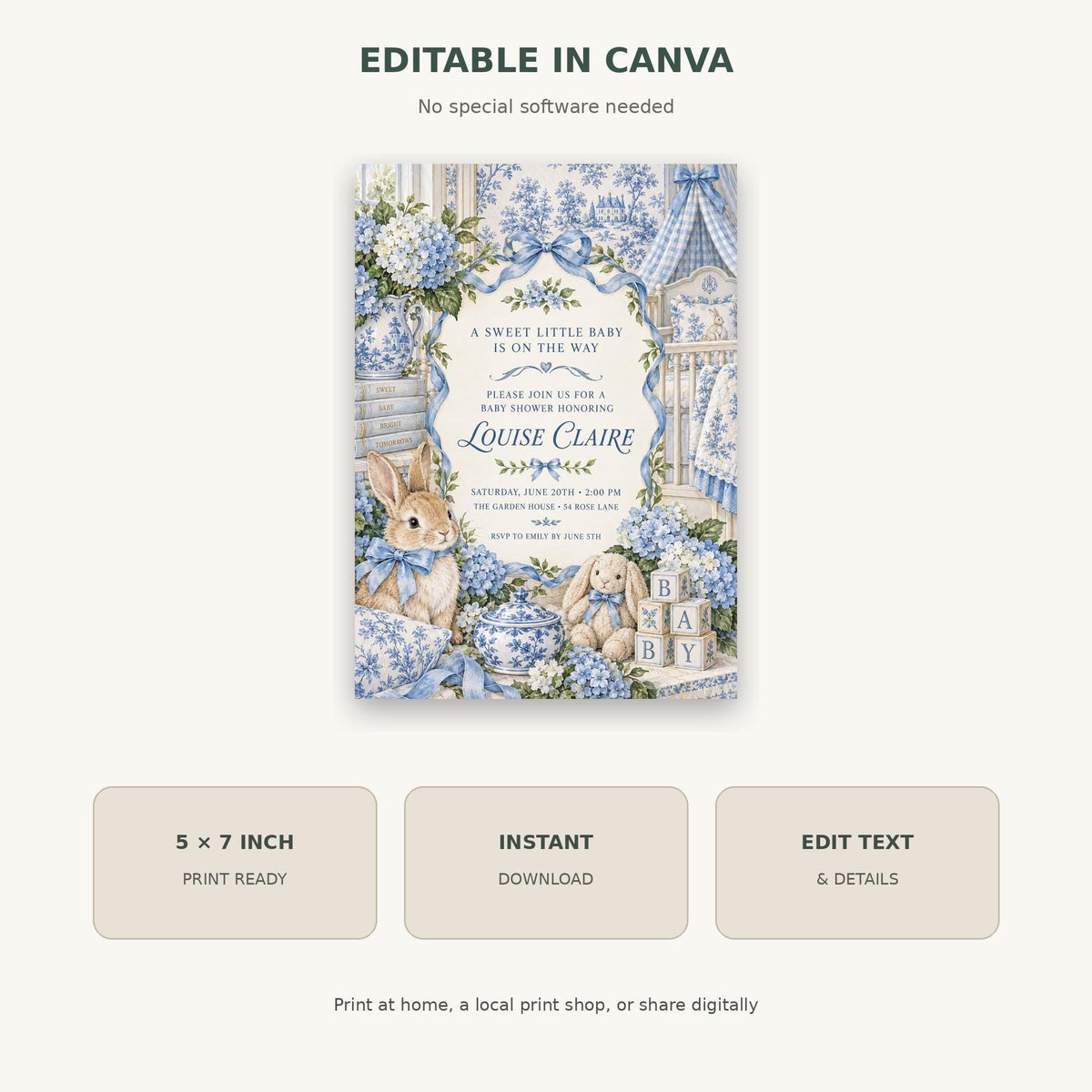 The image is a digital invitation featuring a cute baby rabbit surrounded by blue flowers and baby clothes. The invitation is for a baby shower and includes details about the event, such as the date, time, and location.