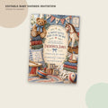 The image is an invitation for a baby shower, featuring a vintage toy nursery theme with a teddy bear, horse, and other baby-related items.