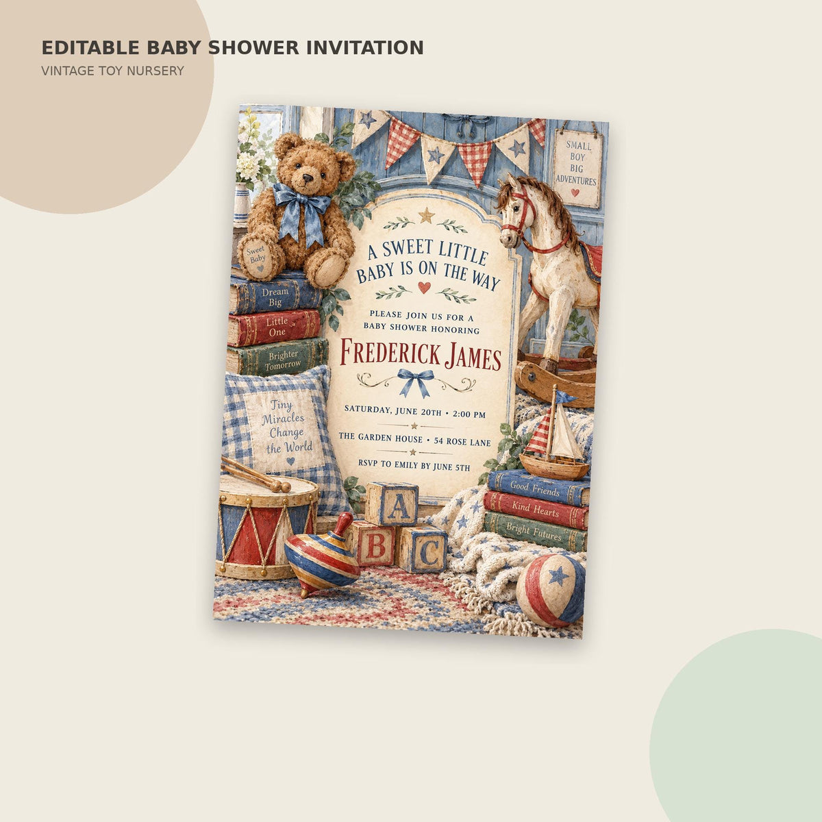 The image is an invitation for a baby shower, featuring a vintage toy nursery theme with a teddy bear, horse, and other baby-related items.