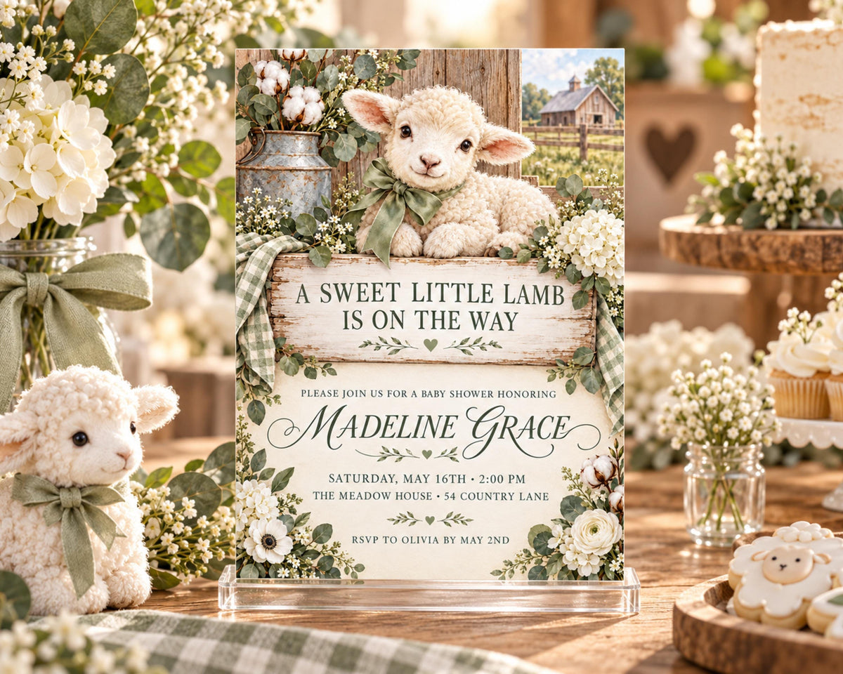 The image is a baby shower invitation featuring a cute lamb and floral decorations.