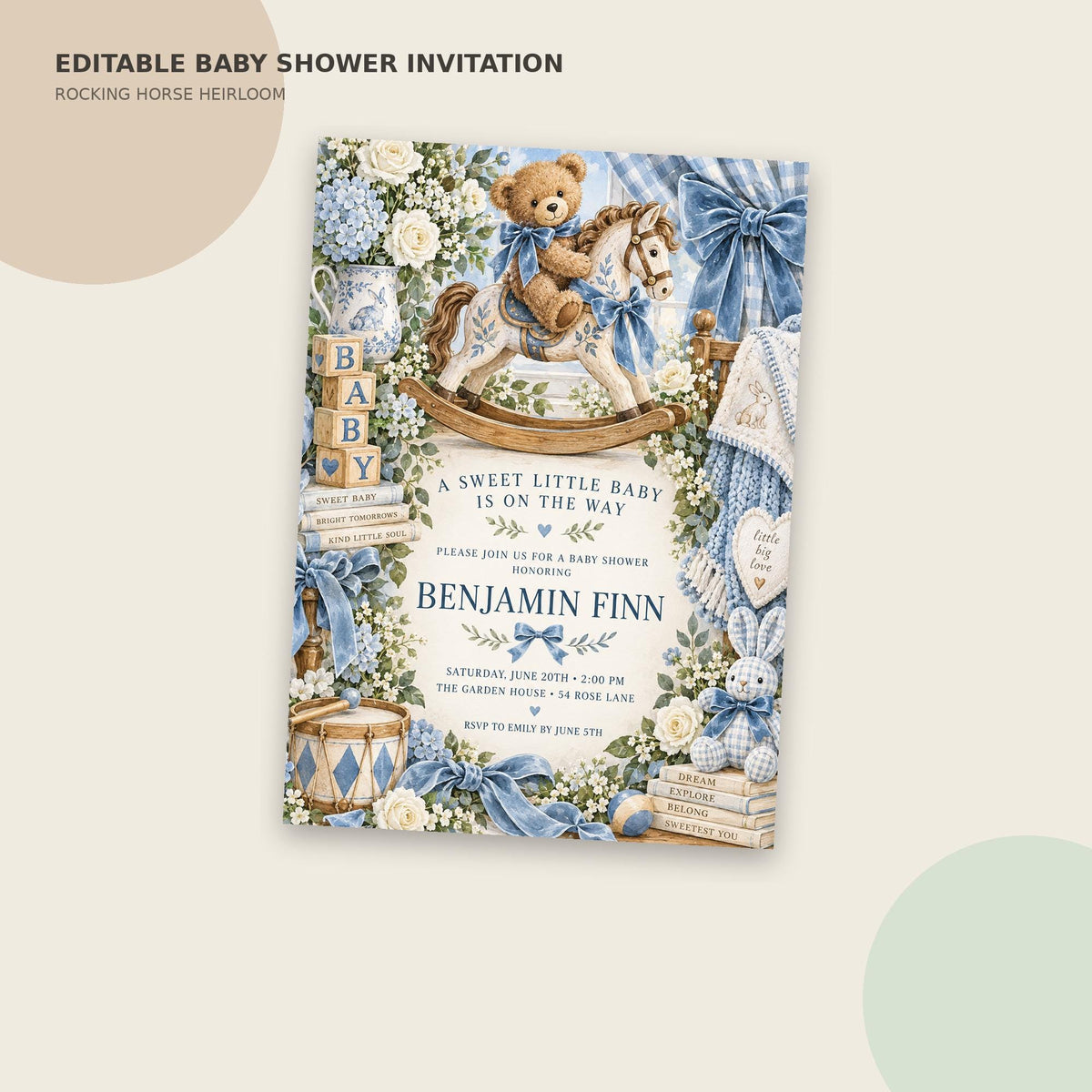 The image is an invitation card for a baby shower, featuring a teddy bear on a rocking horse surrounded by various baby-related items such as books, flowers, and a blanket.