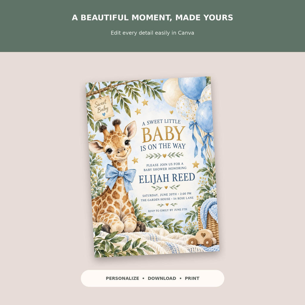 A giraffe-themed baby shower invitation with a sweet little baby theme, featuring a giraffe, balloons, and a tree.