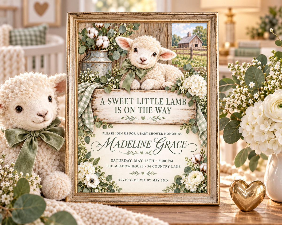 A framed baby shower invitation featuring a pastoral scene with two sheep and a barn, surrounded by flowers and greenery.