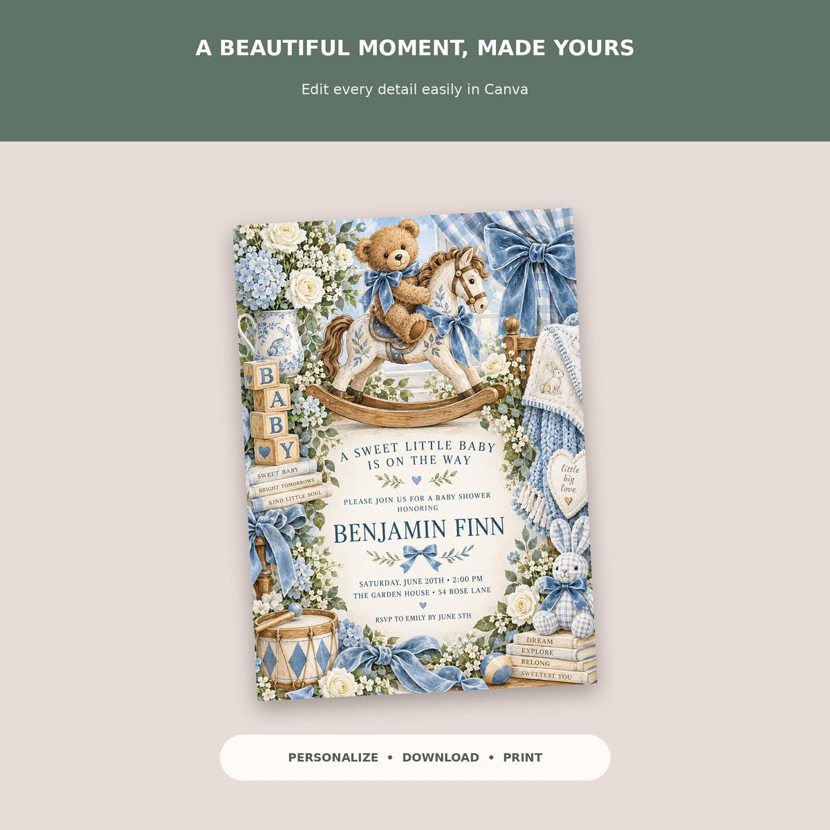 The image is a baby shower invitation featuring a teddy bear on a rocking horse surrounded by various baby-related items such as a crib, baby clothes, and a baby shower banner.
