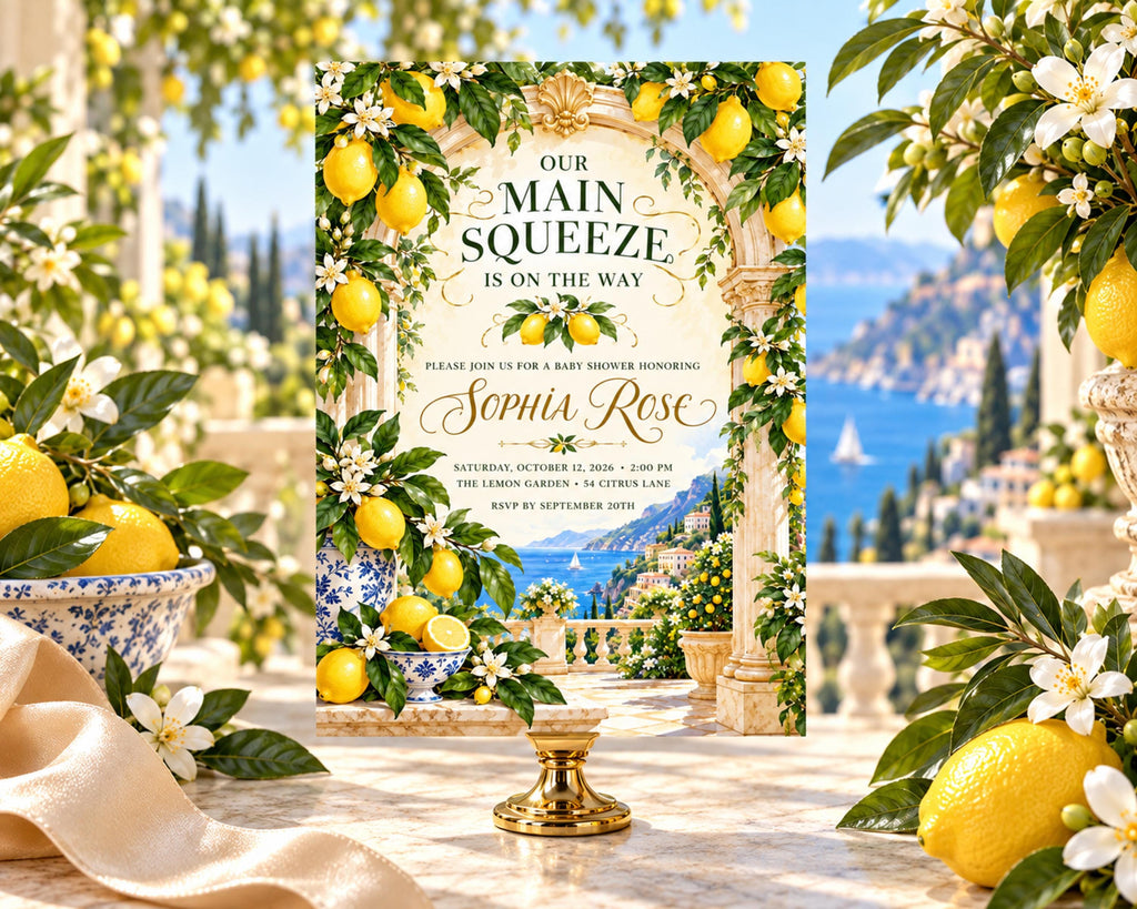 The image is a wedding invitation featuring a lemon garden scene with a white arch, surrounded by flowers and lemons.