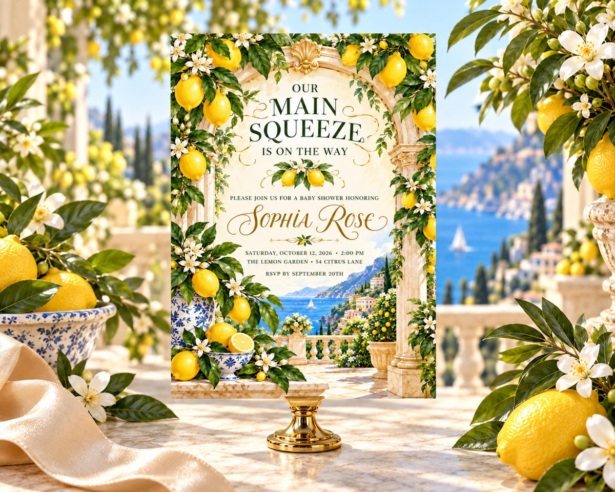 The image is a wedding invitation featuring a lemon garden scene with a white arch, surrounded by flowers and lemons.