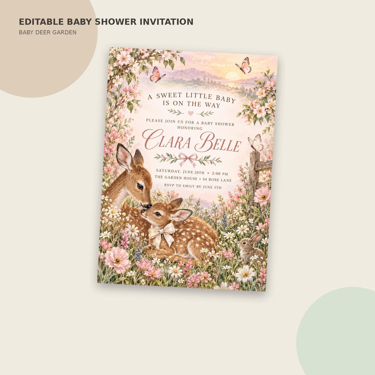 The image is an editable baby shower invitation featuring a floral design with deer and flowers.