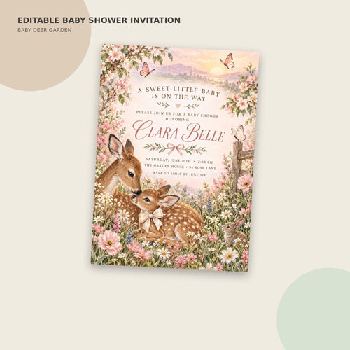 The image is an editable baby shower invitation featuring a floral design with deer and flowers.