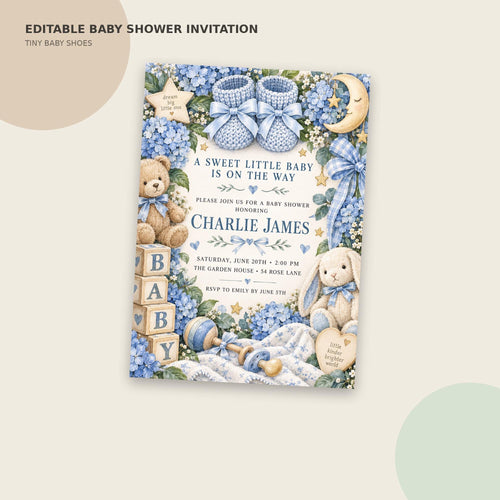 The image is a baby shower invitation featuring a blue and white color scheme with illustrations of a baby, teddy bears, and baby booties. The text invites guests to a baby shower for Charlie James and includes details about the event, such as the date, time, location, and RSVP information.