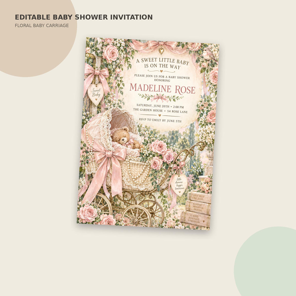 The image is a floral baby shower invitation featuring a baby carriage with a teddy bear, surrounded by pink and green flowers.