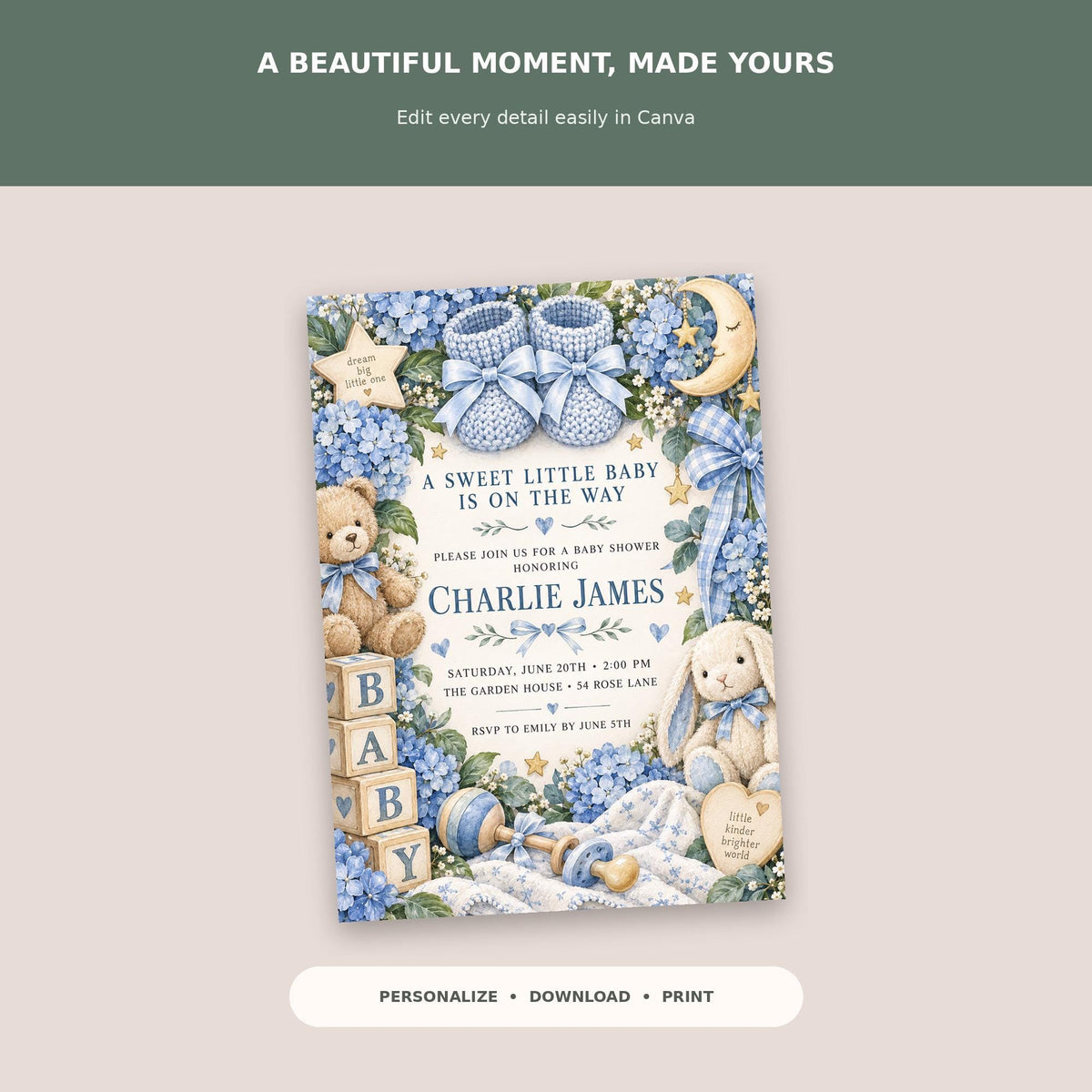 A baby shower invitation featuring a blue and white color scheme with illustrations of a baby, teddy bears, and baby booties.