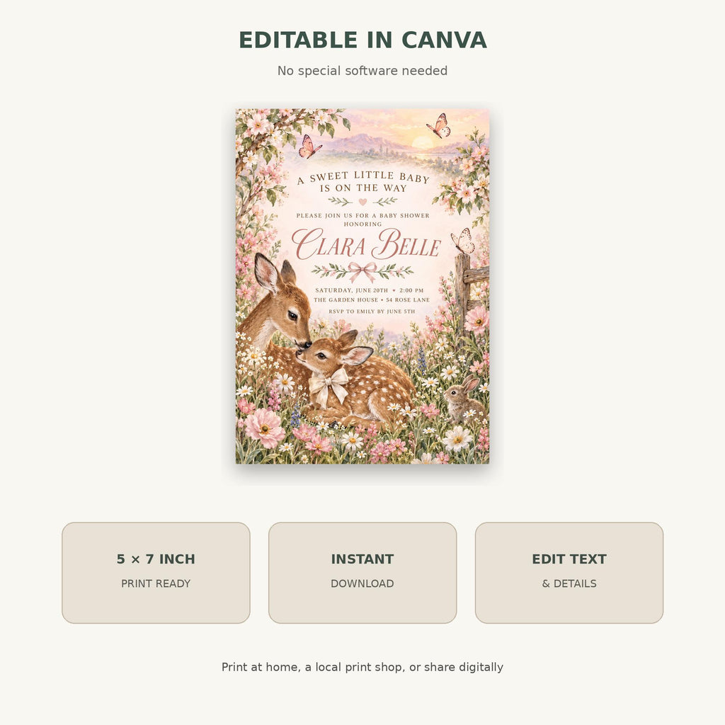 The image is a digital invitation featuring a floral design with deer and flowers, and it is available for editing in a canvas format.