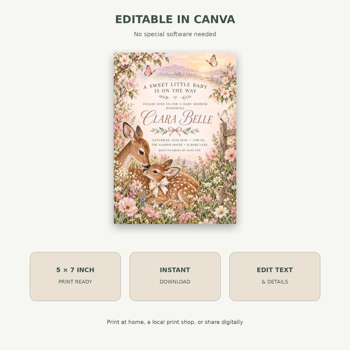 The image is a digital invitation featuring a floral design with deer and flowers, and it is available for editing in a canvas format.