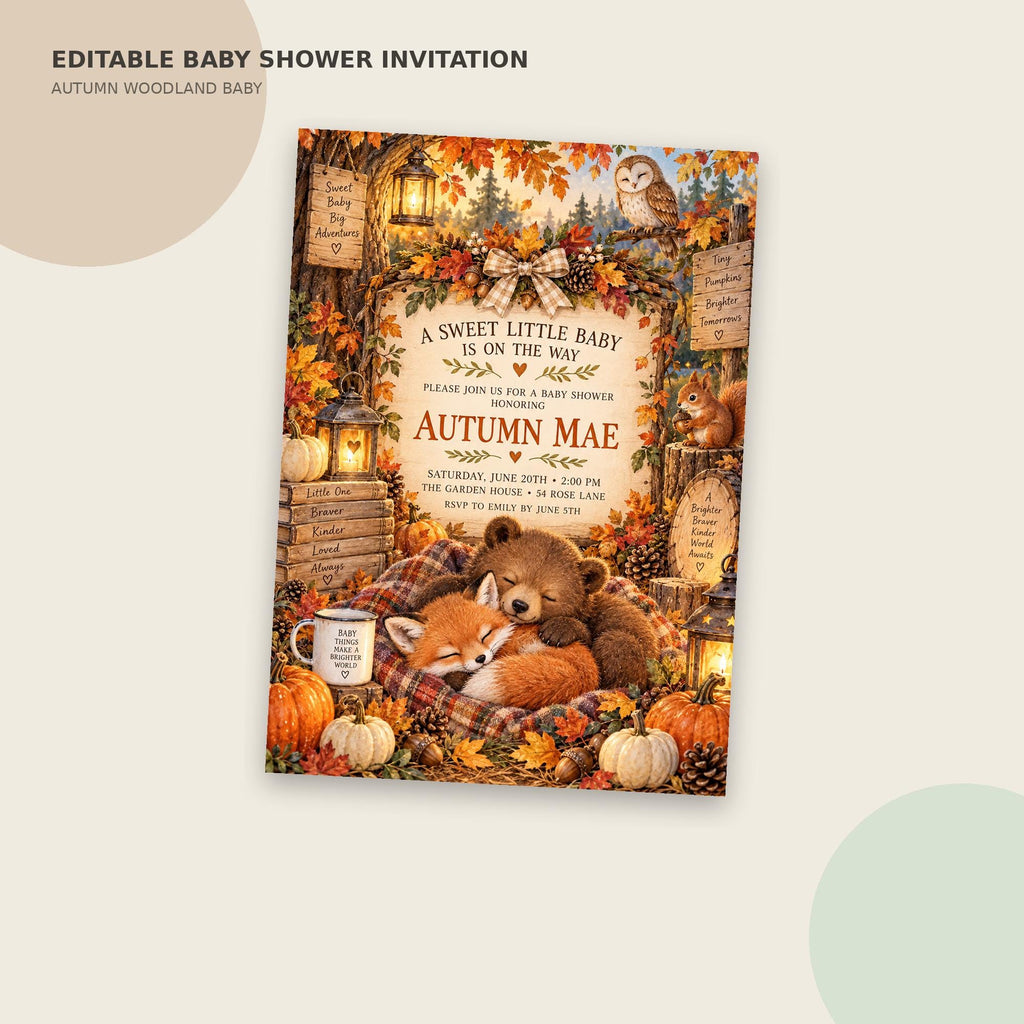 The image is an editable baby shower invitation for a baby named Autumn Mae, featuring a cozy and autumnal theme with a bear, fox, and other woodland animals.