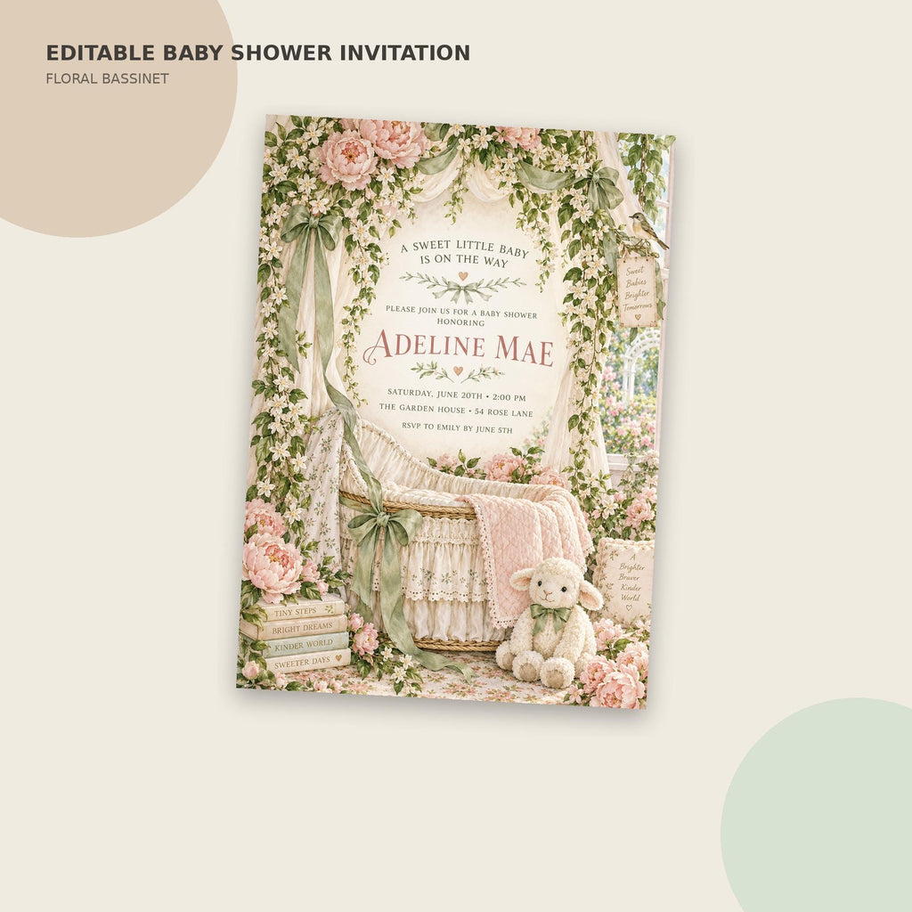 The image is an editable baby shower invitation featuring a floral theme with a baby's crib, flowers, and a teddy bear.