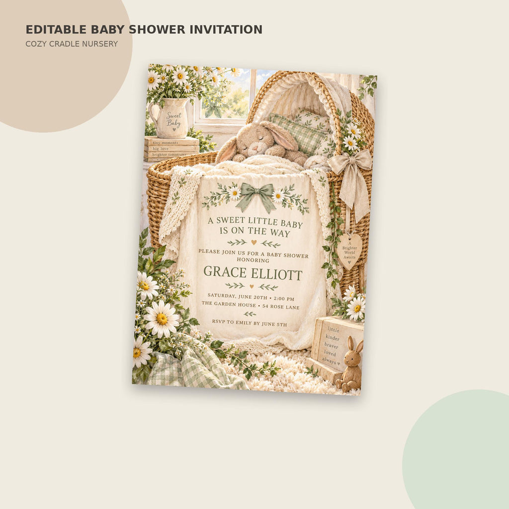 The image is an invitation for a baby shower, featuring a cozy nursery theme with a basket of baby supplies, a baby blanket, and a stuffed animal.