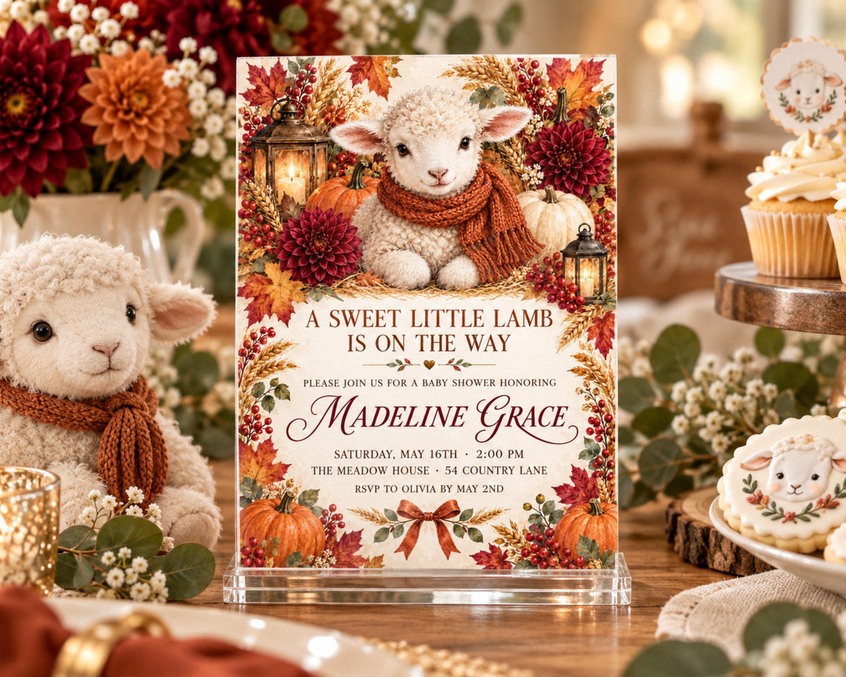 A baby shower invitation featuring a lamb and autumn decorations, with a table displaying cookies and other festive items.